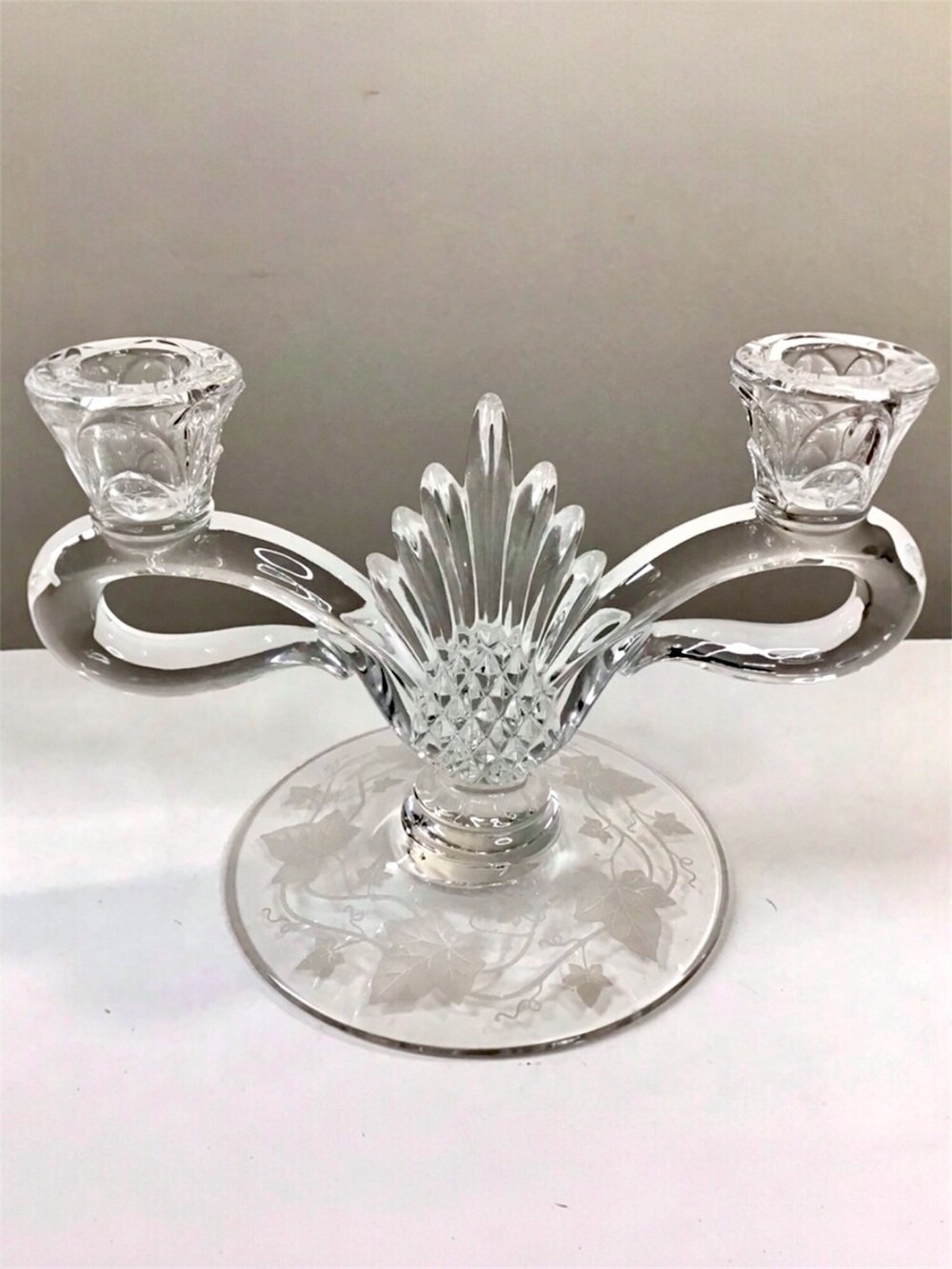 Vintage 1950s HEISEY Crystal Glass Candlestick Holder Etched Plantation Pattern